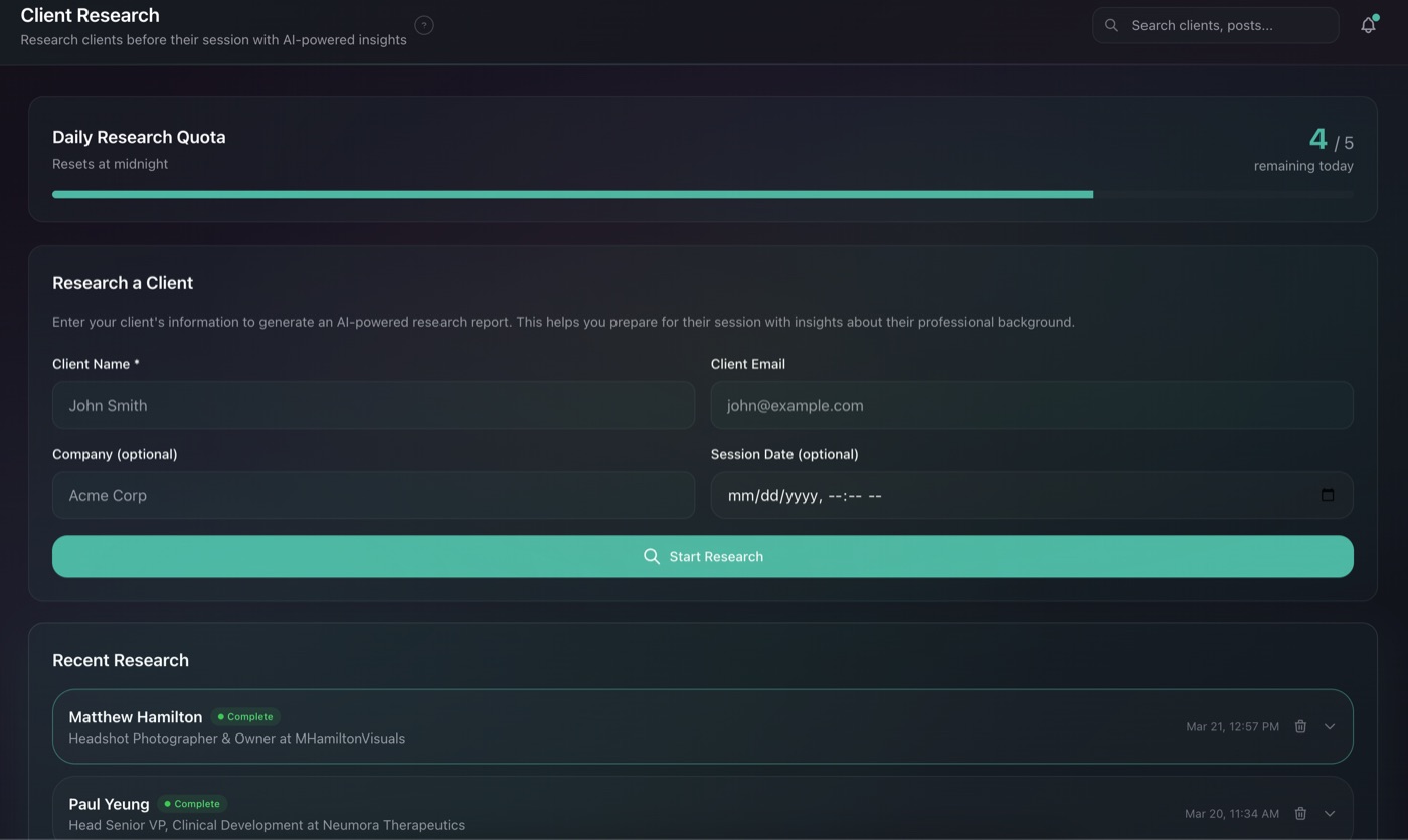 StudioFlows Client Intel dashboard showing research history with client names, confidence scores, and session dates