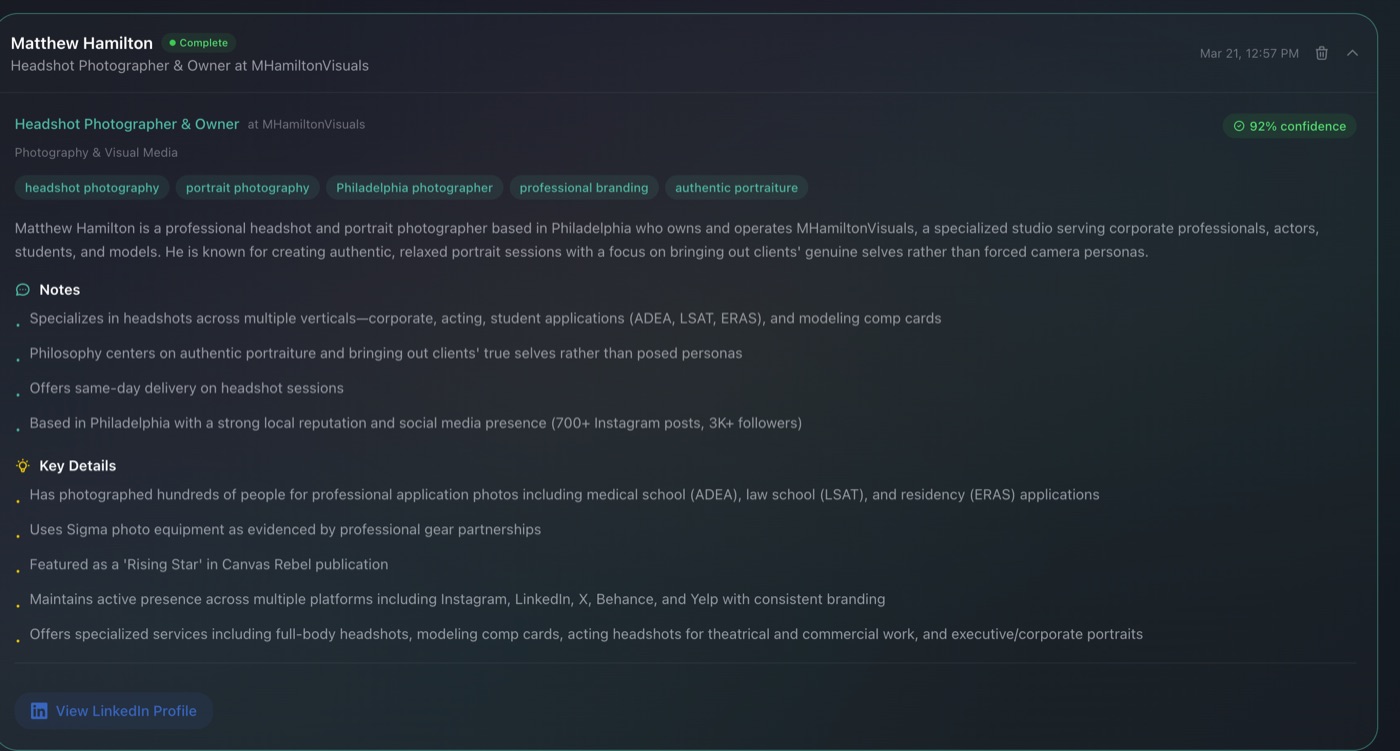 StudioFlows Client Intel email report showing a client's professional background, company info, and conversation starters