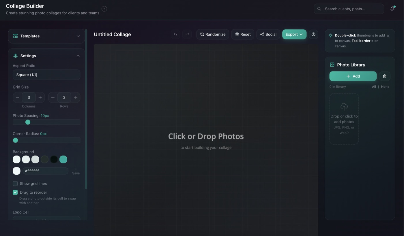 StudioFlows Collage Builder showing a drag-and-drop grid interface with photos, aspect ratio options, and export controls