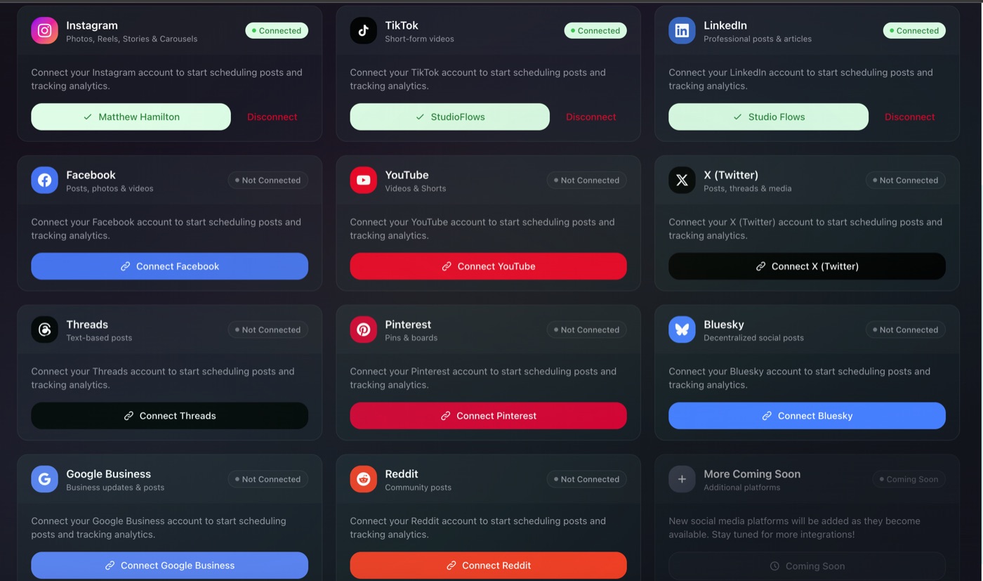 StudioFlows platform connections page showing 11 supported social media platforms including Instagram, TikTok, LinkedIn, and more