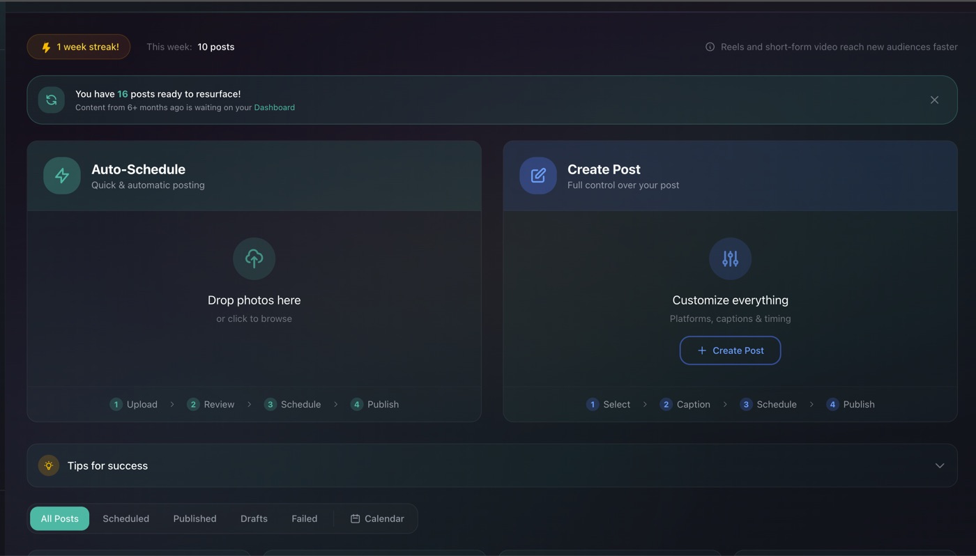 StudioFlows social media scheduler showing Auto-Schedule and Create Post options with drag-and-drop photo upload