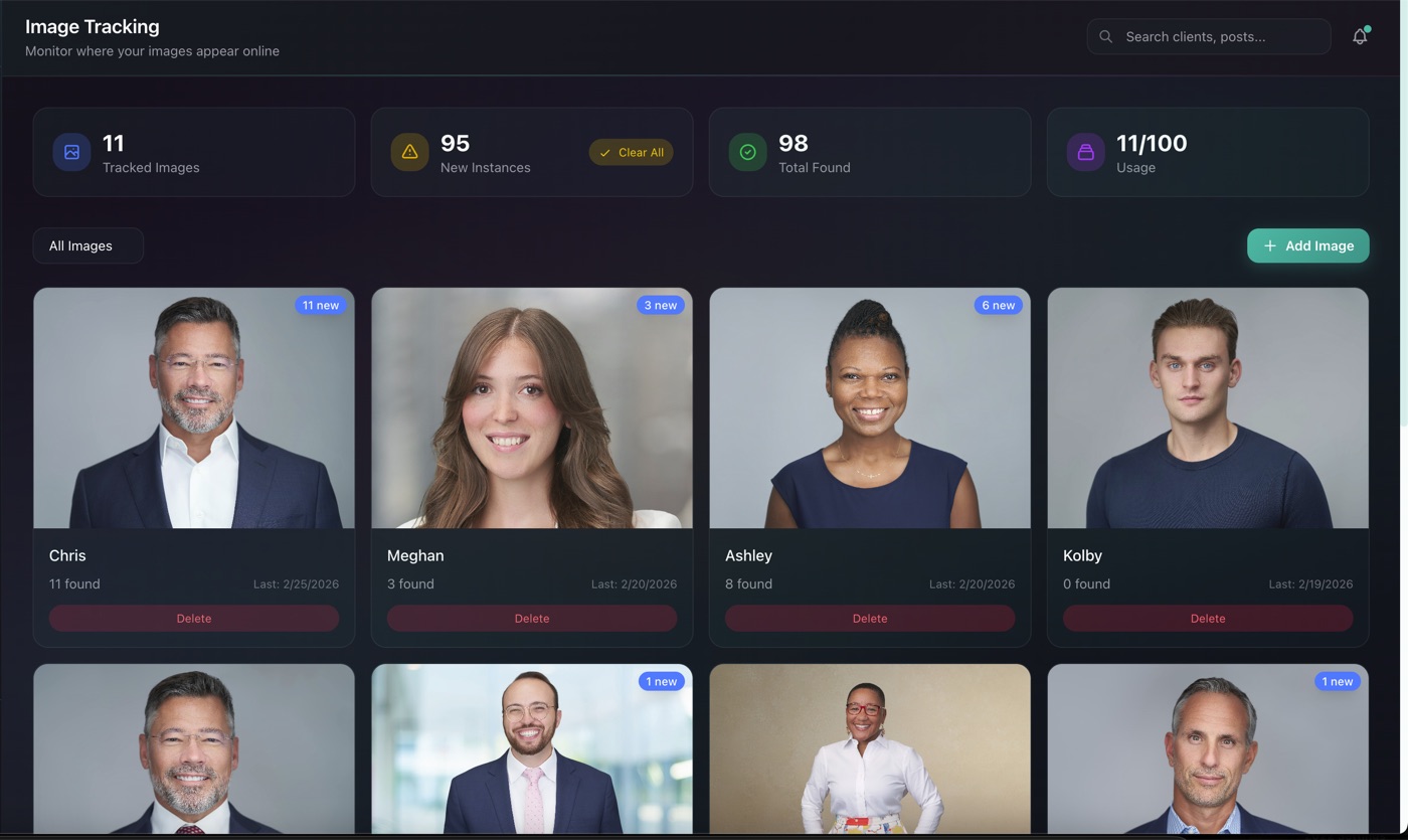 StudioFlows Web Watch dashboard showing tracked headshot images with match counts and scan stats