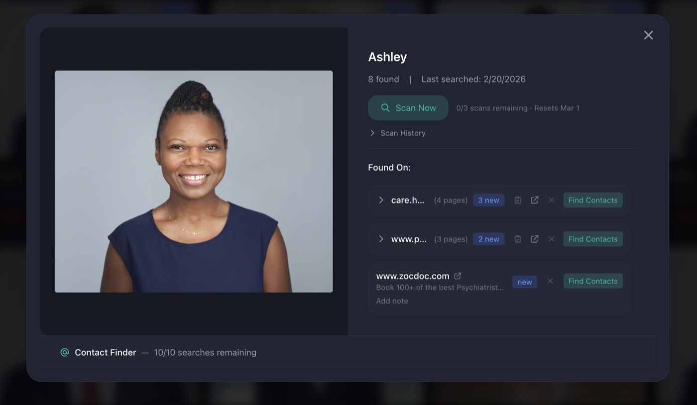 Web Watch detail view showing websites where a tracked headshot was found, with options to find contacts